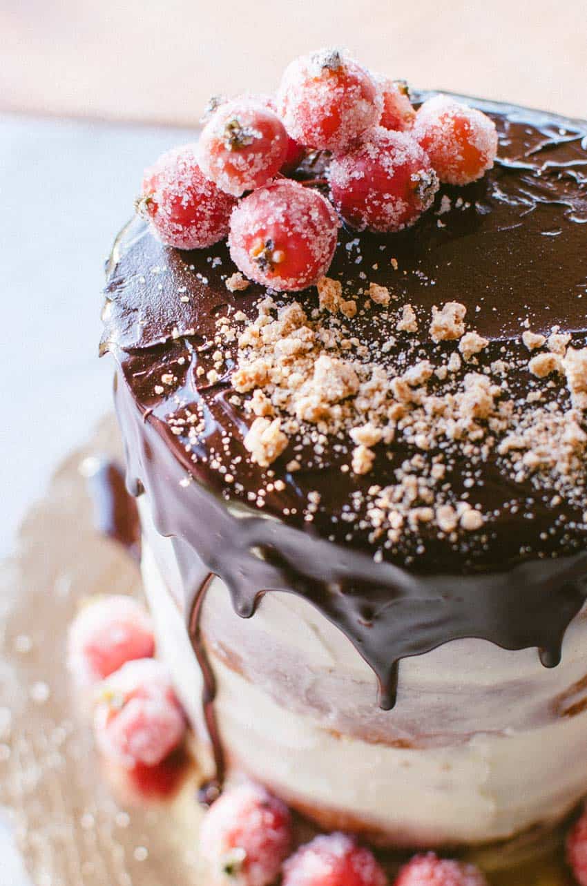 My Birthday Cake [molly cake + wild strawberry jam filling + cream cheese frosting + dark chocolate glaze + sugared crabapples + crushed amaretti cookies ] | veryeatalian.com