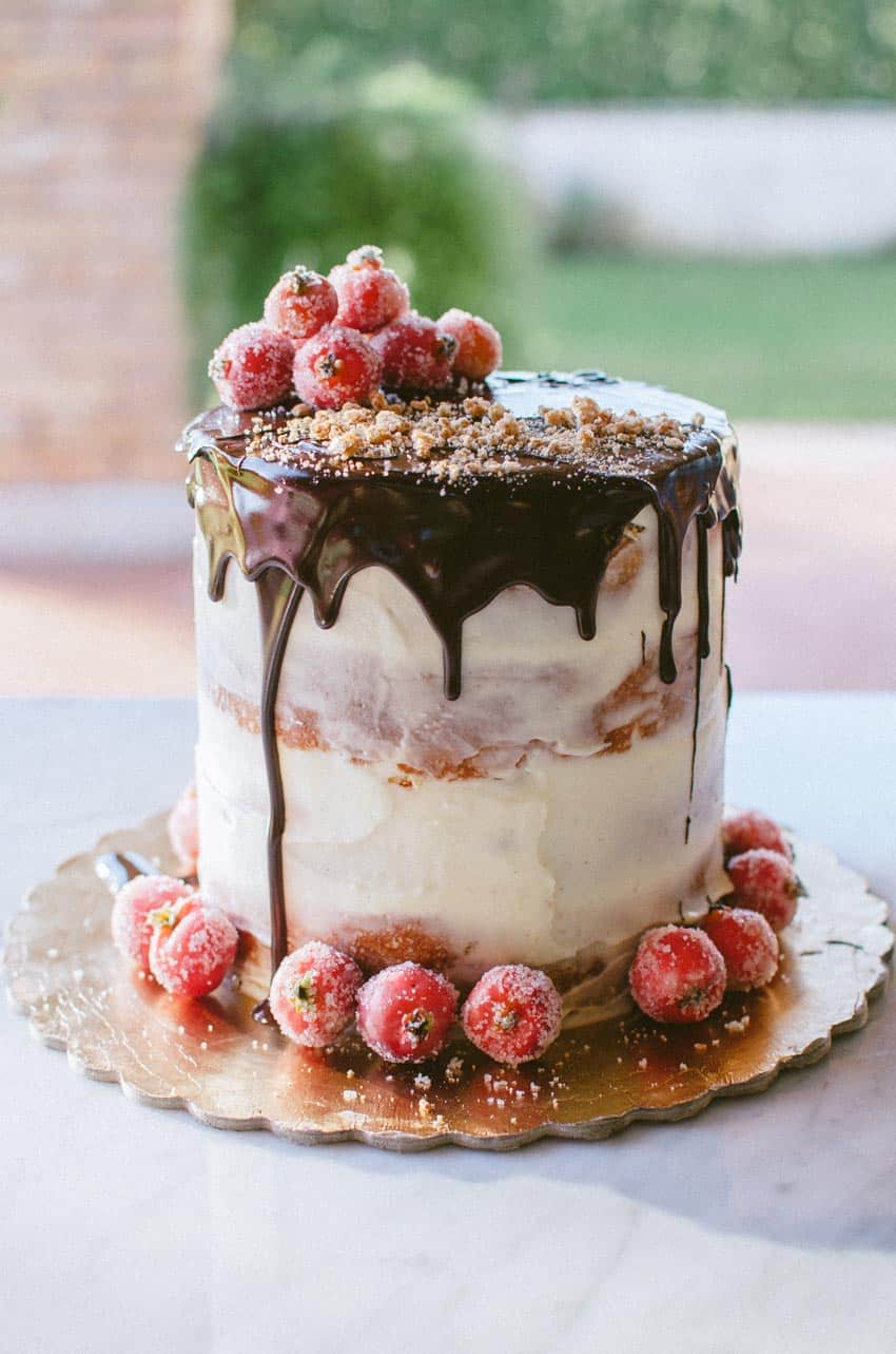 My Birthday Cake [molly cake + wild strawberry jam filling + cream cheese frosting + dark chocolate glaze + sugared crabapples + crushed amaretti cookies ] | veryeatalian.com