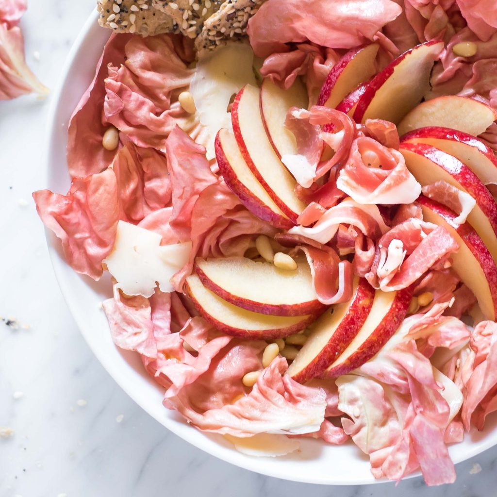 Pink Winter Salad with Radicchio, Prosciutto, Pink Lady Apple, Asiago Cheese & Roasted Pine Nuts | Very EATalian