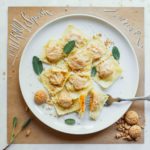 Butternut squash ravioli with sage and amaretti cookie crumbles